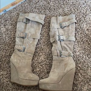 Suede buckle zip wedge boots